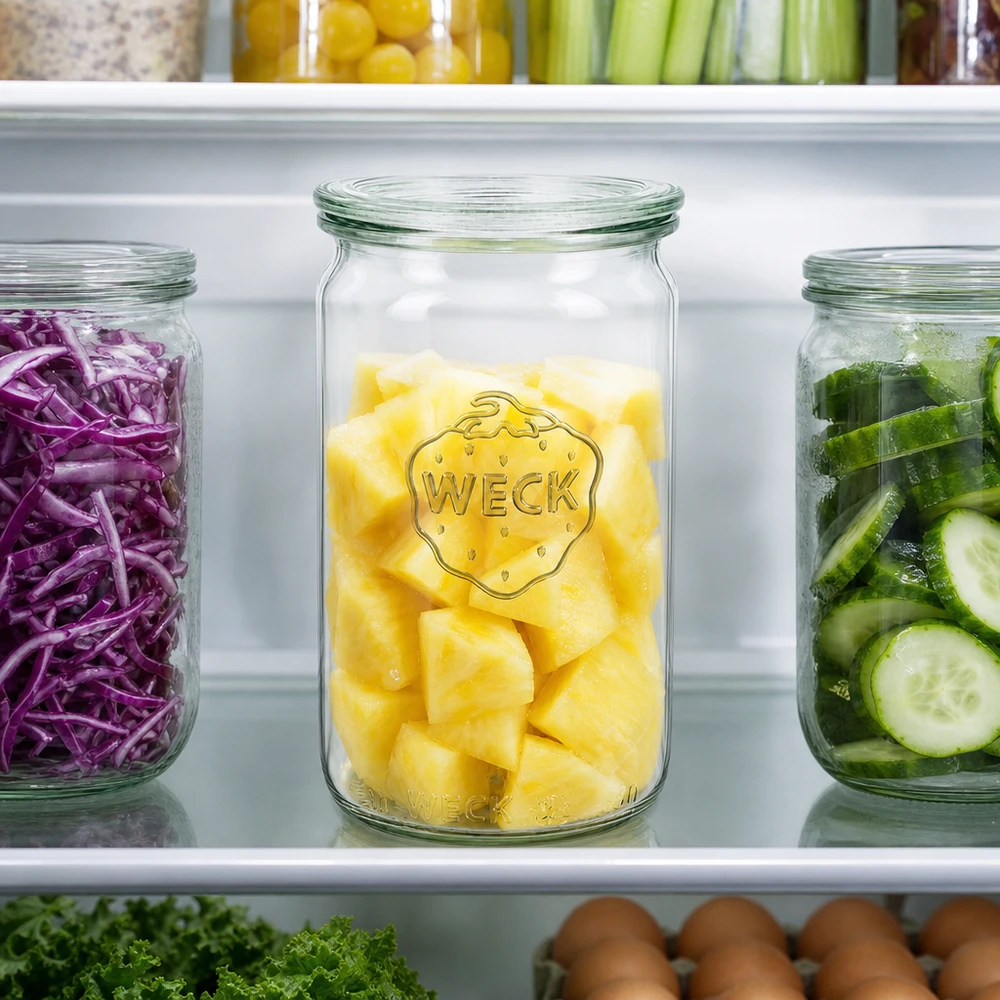 Frasco cilíndrico de 340 ml WECK RR60 no frigorífico, cheio de ananás, ao lado de couve roxa e pepino para a organização da preparação das refeições