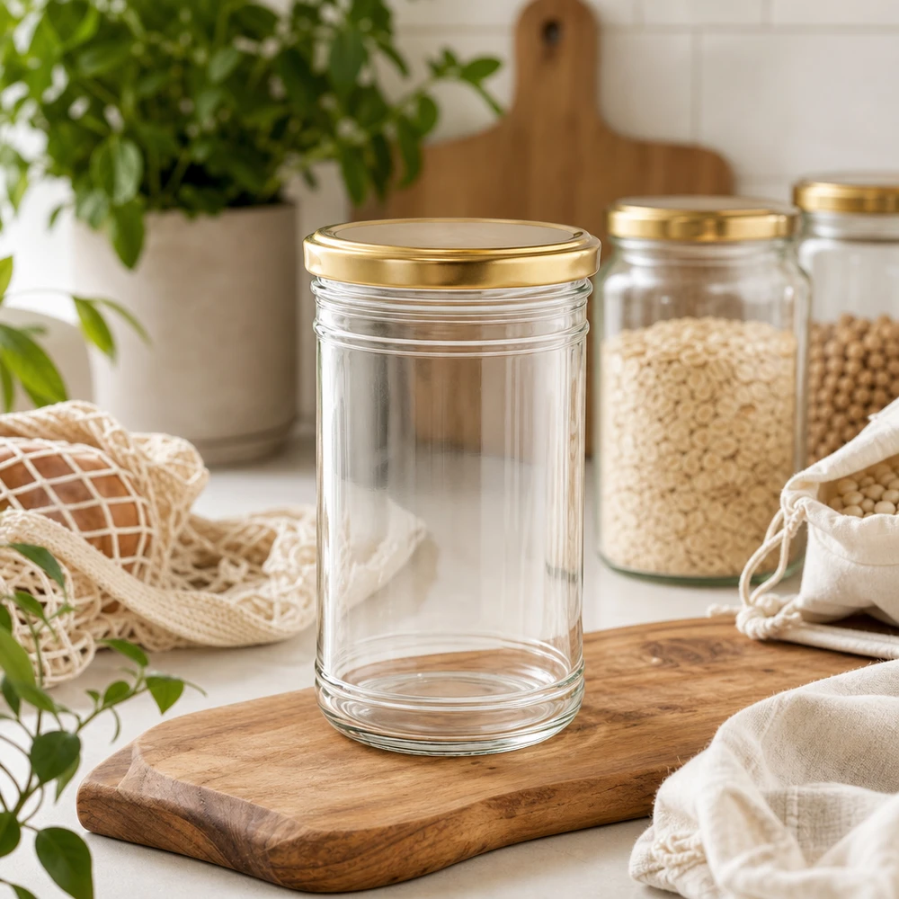 Frasco de vidro vazio de 1053 ml com tampa dourada sobre tábua de madeira em cozinha sustentável sem desperdício com frascos de arrumação