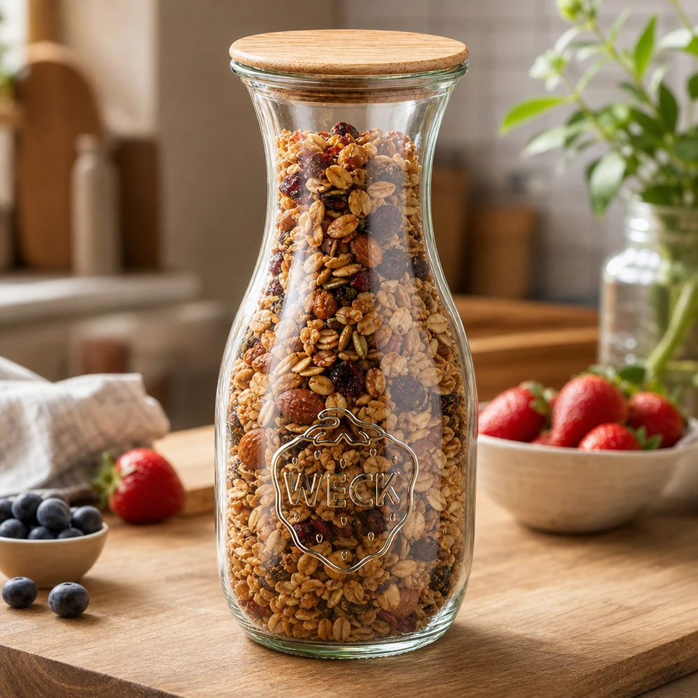 Garrafa de sumo WECK 530ml RR60 cheia de muesli e nozes como frasco de armazenamento com tampa de madeira em tábua de madeira