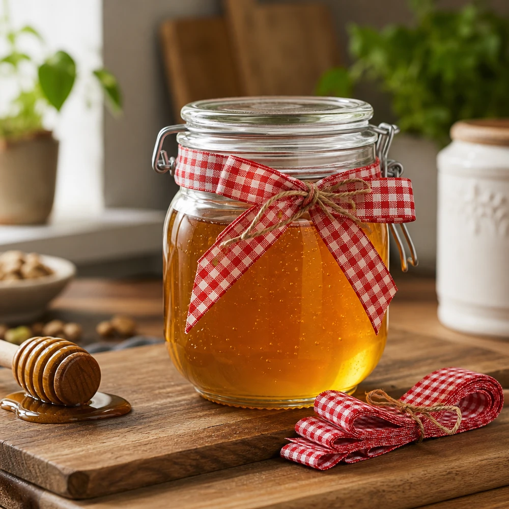 Fita de tecido vermelha/branca para decoração, 300 cm Fita de tecido xadrez vermelha e branca atada à volta de um frasco de mel como laço de oferta com uma colher de pau numa tábua de cozinha rústica