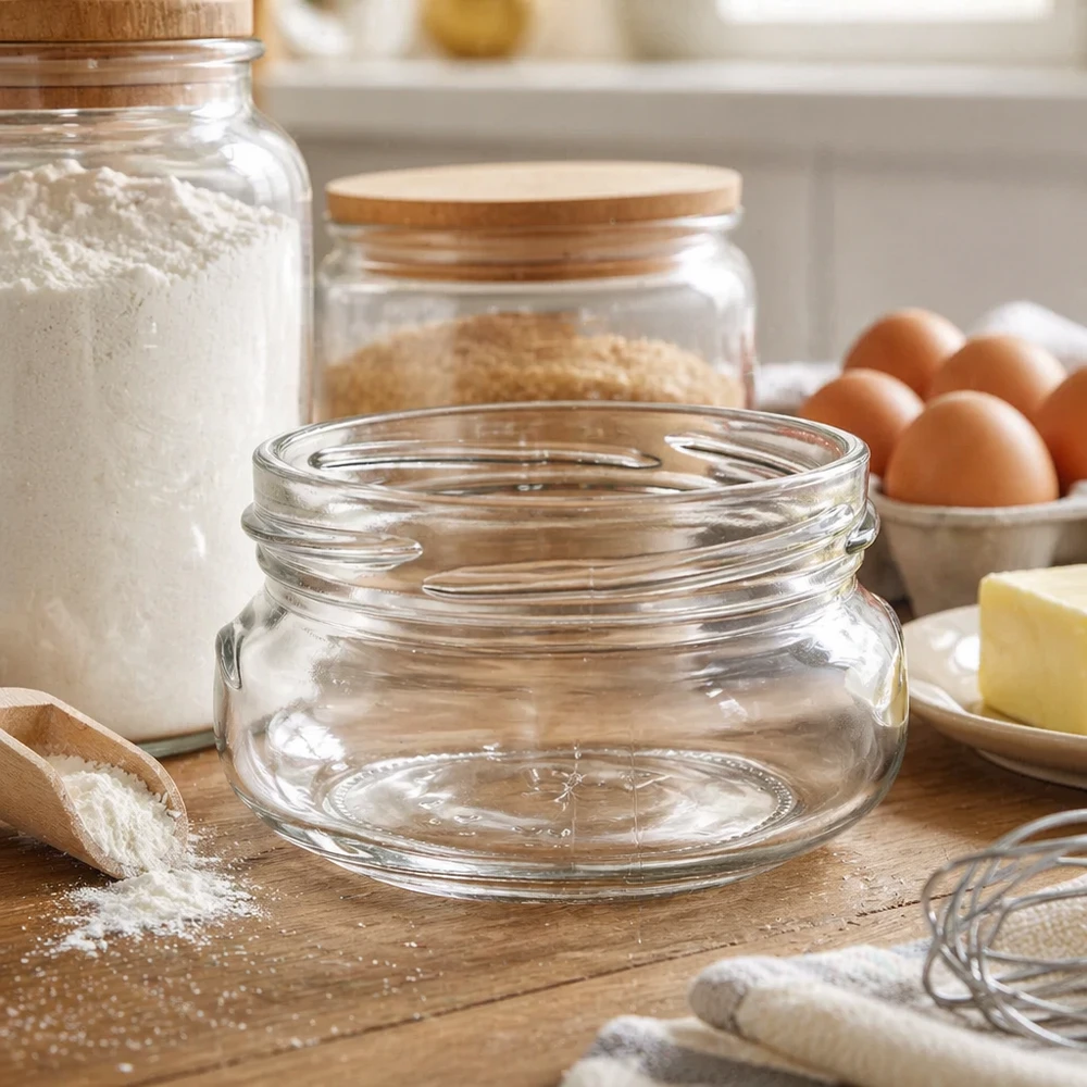 Frasco para terrina de 120ml sem tampa (TO70) UNiTWIST UNiTWIST Terrina120 frasco para terrina 120ml TO70 vazio numa tábua de madeira na cozinha com ingredientes de pastelaria e frascos de armazenamento