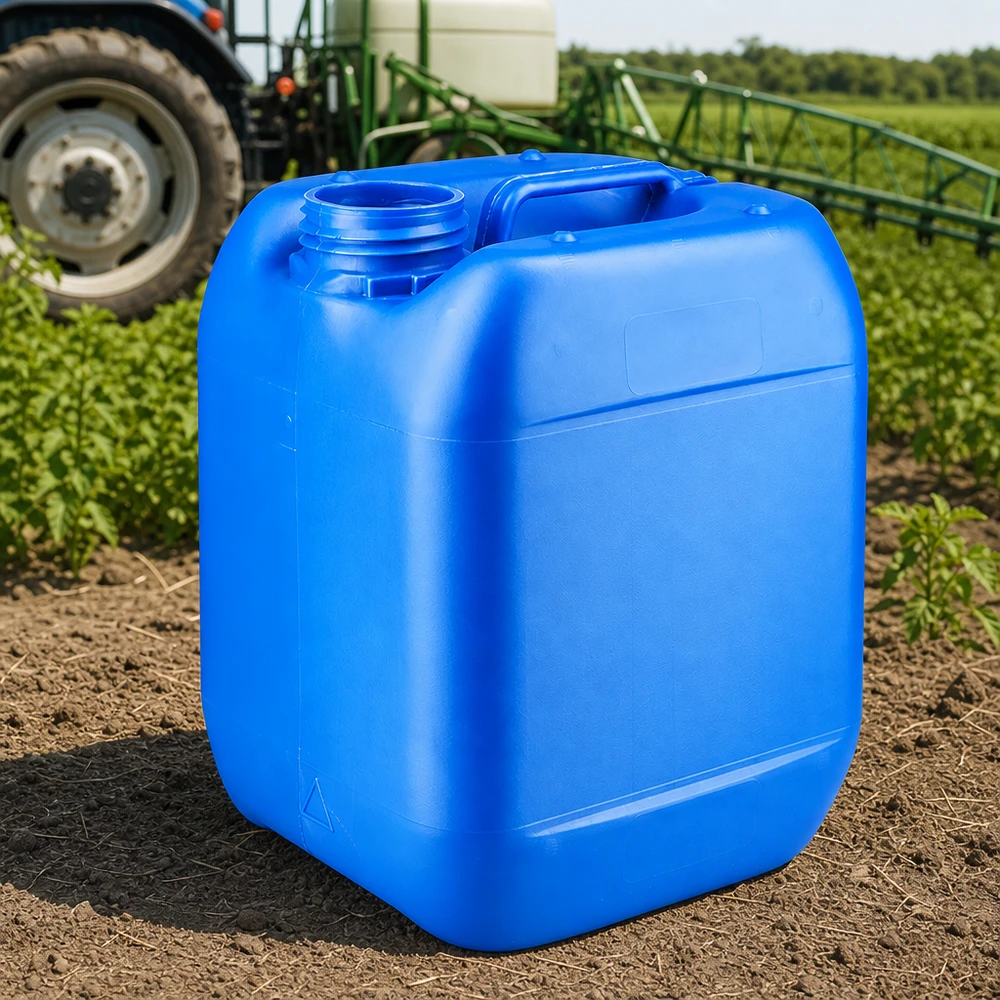 Bidão azul de 5 litros sem tampa, utilizado na agricultura ao lado de um trator e de um pulverizador agrícola