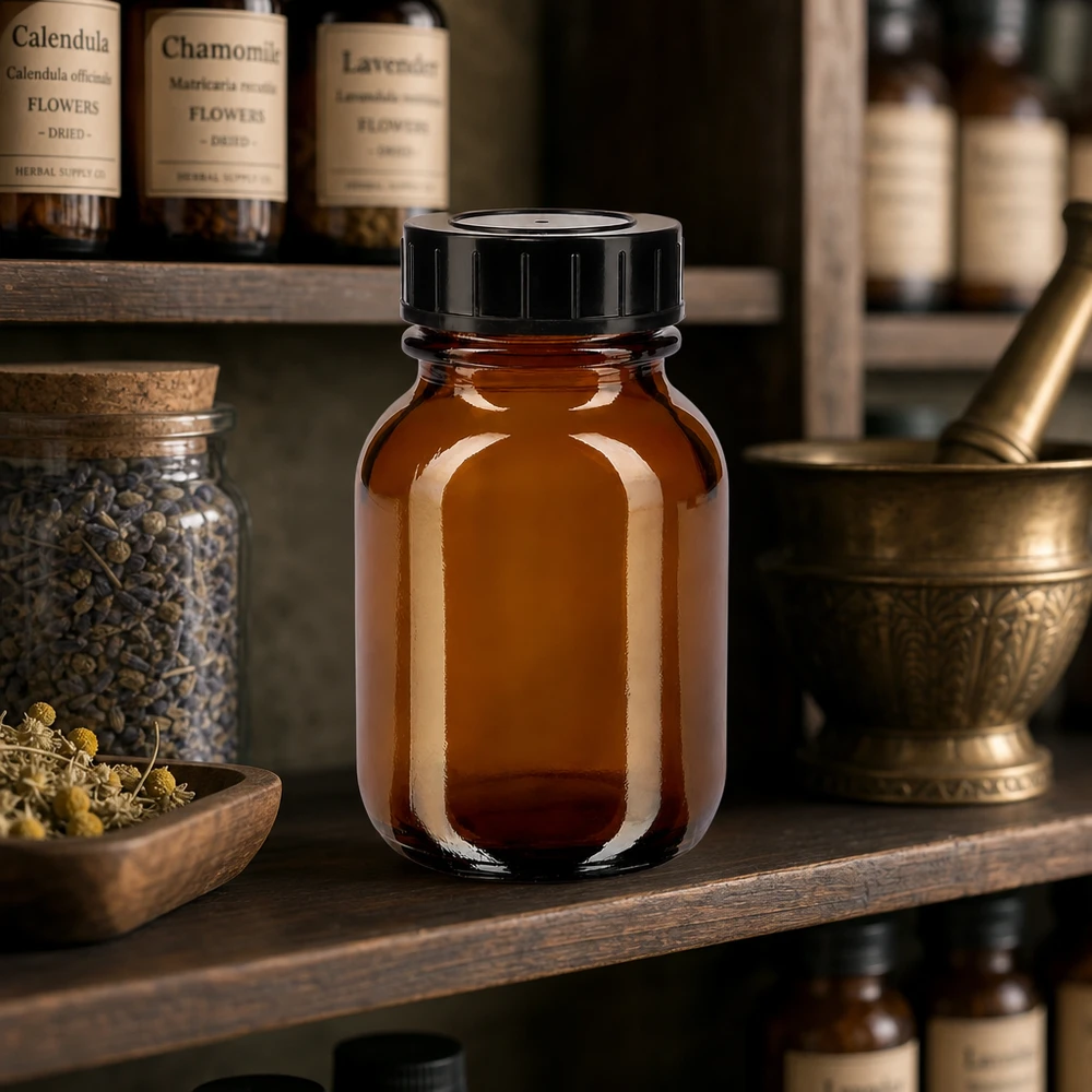 Frasco de vidro âmbar de 50ml com gargalo largo e tampa de rosca Frasco de vidro âmbar de 50 ml de alta qualidade com perfil de gargalo largo para aplicações farmacêuticas e cosméticas