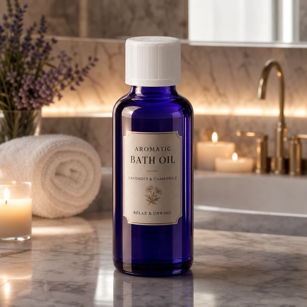 Frasco de farmácia azul de 30 ml para óleo de banho com lavanda e camomila, num ambiente de casa de banho