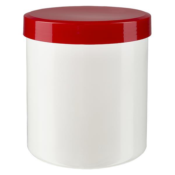 Frasco de pomada 50g branco com tampa de rosca vermelha (polipropileno) Frasco de pomada 50g branco com tampa de rosca vermelha (polipropileno)