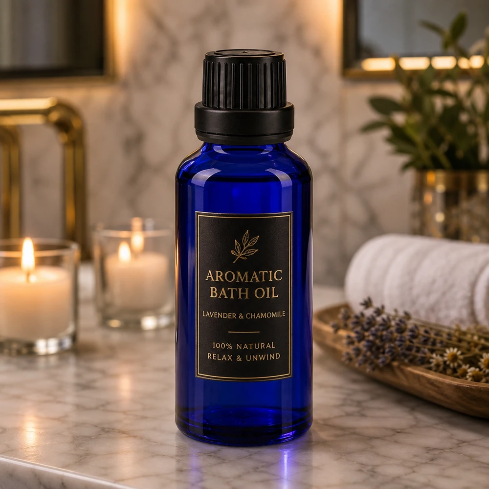Pequeno frasco de farmácia de 30 ml em azul cobalto com tampa de rosca para óleo de banho de lavanda e camomila