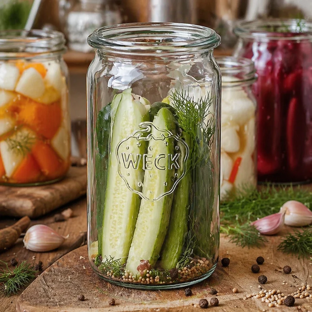 Frasco cilíndrico de vidro WECK RR60 de 340 ml O frasco cilíndrico WECK RR60 de 340 ml com pepino em conserva e endro mostra a utilização versátil dos legumes em conserva