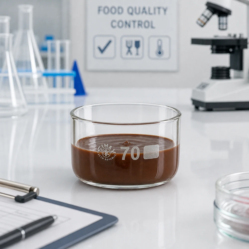 Prato de cristalização de 100ml sem bico em borosilicato ø70mm Taça de cristalização de 100 ml com massa de chocolate durante o controlo de qualidade alimentar em laboratório