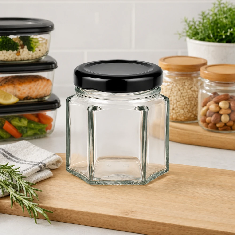 Frasco hexa de 47 ml com tampa BasicSeal preta UNiTWIST Frasco hexa vazio de 47 ml com tampa BasicSeal preta numa cozinha moderna ao lado de frascos de arrumação e caixas de preparação de refeições