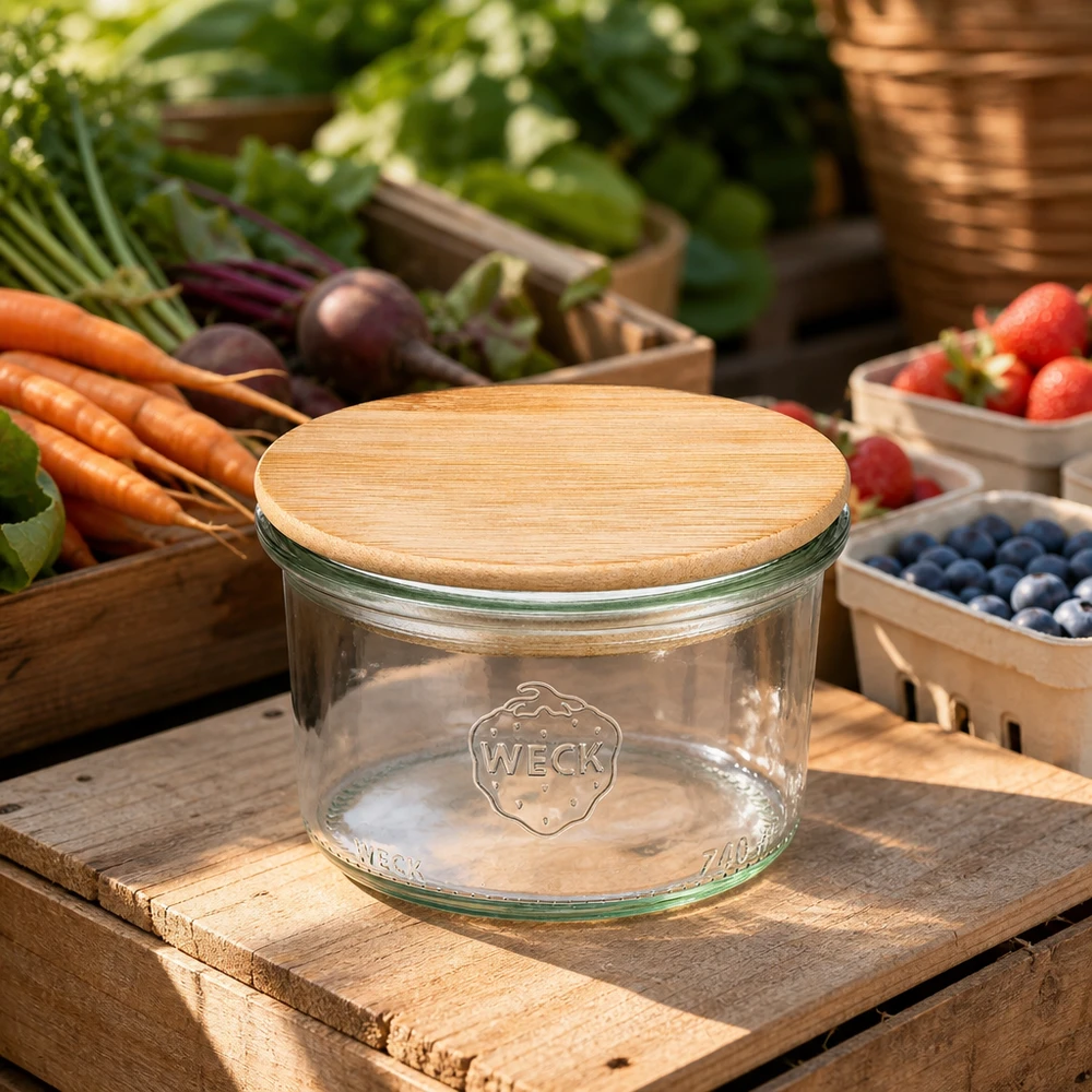 Copos de vidro WECK RR80 de 200 ml com tampa de madeira Copos WECK RR80 de 200 ml com tampa de madeira num cenário de mercado rústico rodeado de frutas e legumes frescos