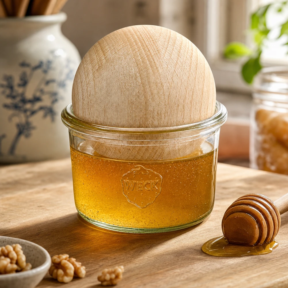 Copos de vidro WECK RR80 de 200 ml com bola de madeira de faia Copos WECK de 200 ml com bola de faia cheia de mel, colher de mel e nozes numa mesa de madeira numa cozinha acolhedora