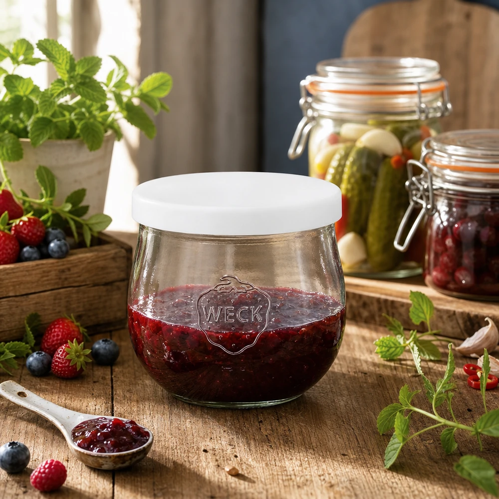 Frasco tulipa WECK 370ml cheio de compota de frutos silvestres tampa de silicone branco frasco de conservação de compota cozinha