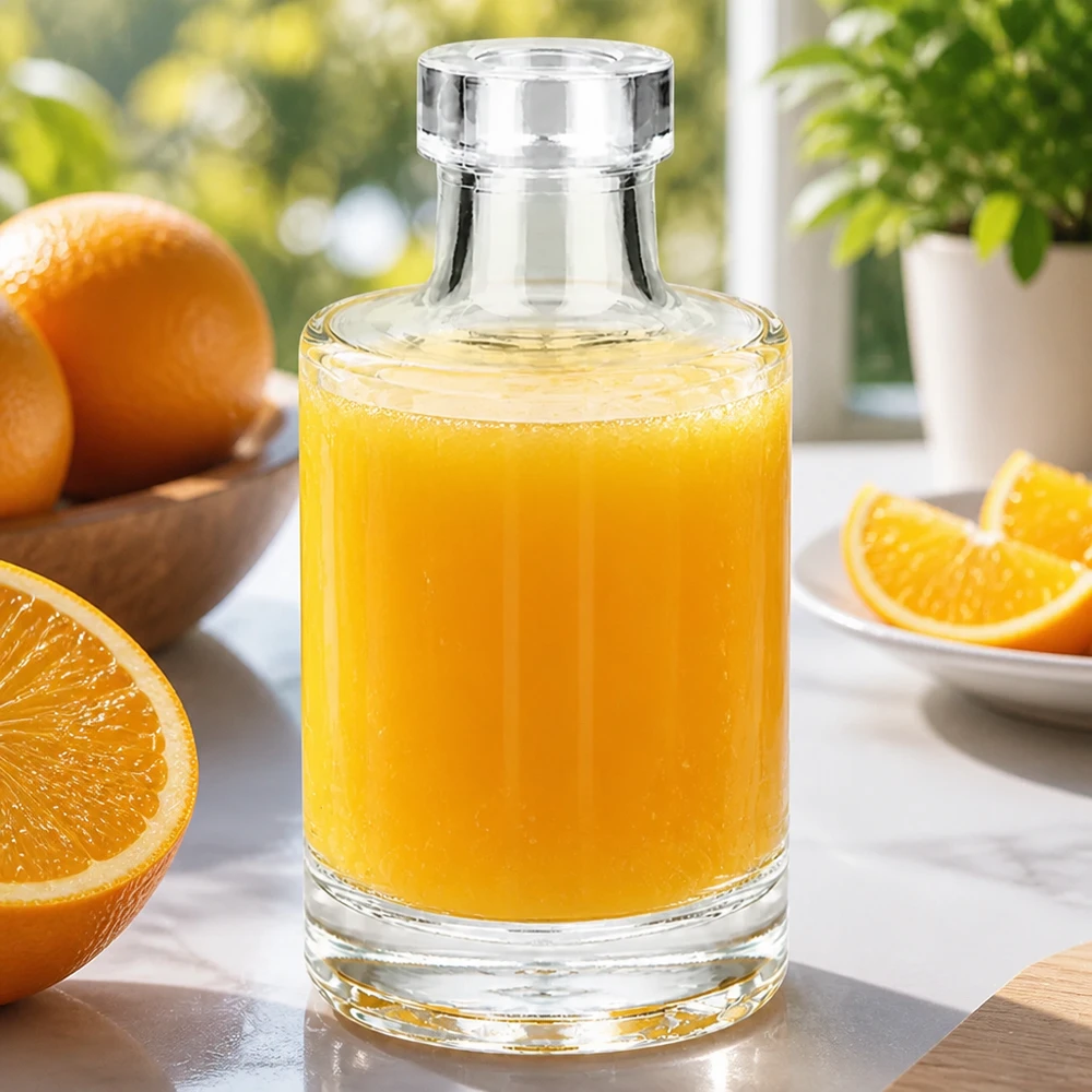 Garrafa de vidro de 100 ml de Marie cheia de sumo de laranja rodeada de laranjas frescas e rodelas de laranja sobre uma mesa de mármore