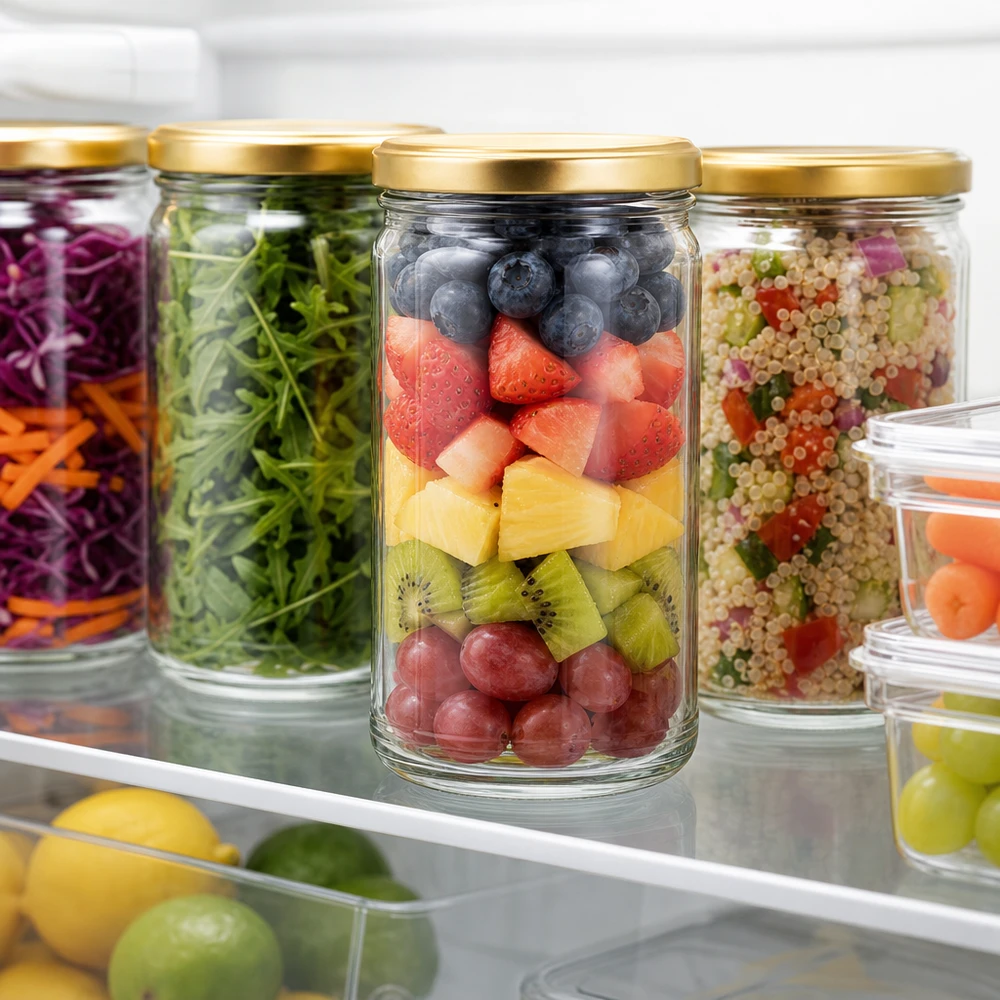 Frasco de vidro de 1053 ml com tampa dourada cheio de fruta no frigorífico para preparar refeições e armazenar alimentos