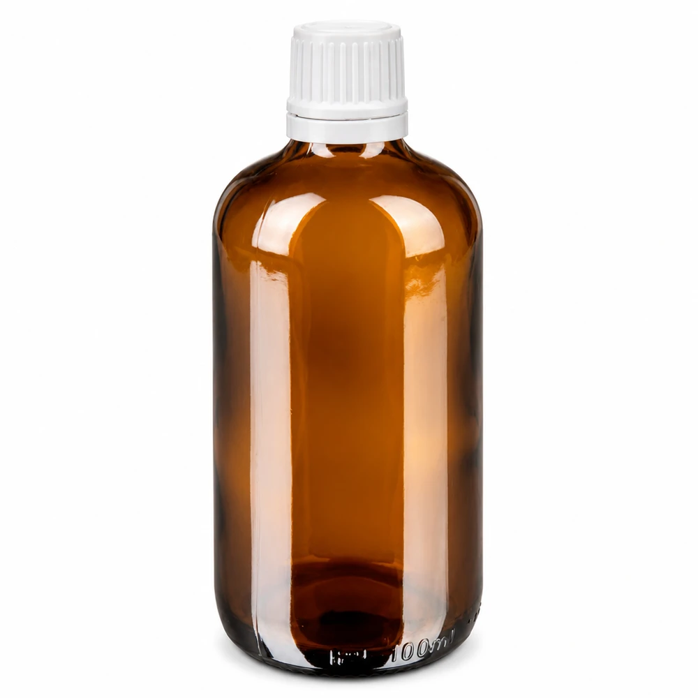 Frasco conta-gotas castanho de farmácia de 100 ml, em vidro castanho, com tampa OV branca e conta-gotas de 0,7 mm
