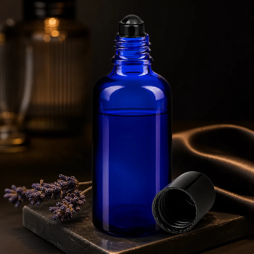 Frasco roll-on de 50 ml, azul cobalto, em vidro com proteção UV, com aplicador esférico preto e decoração em lavanda