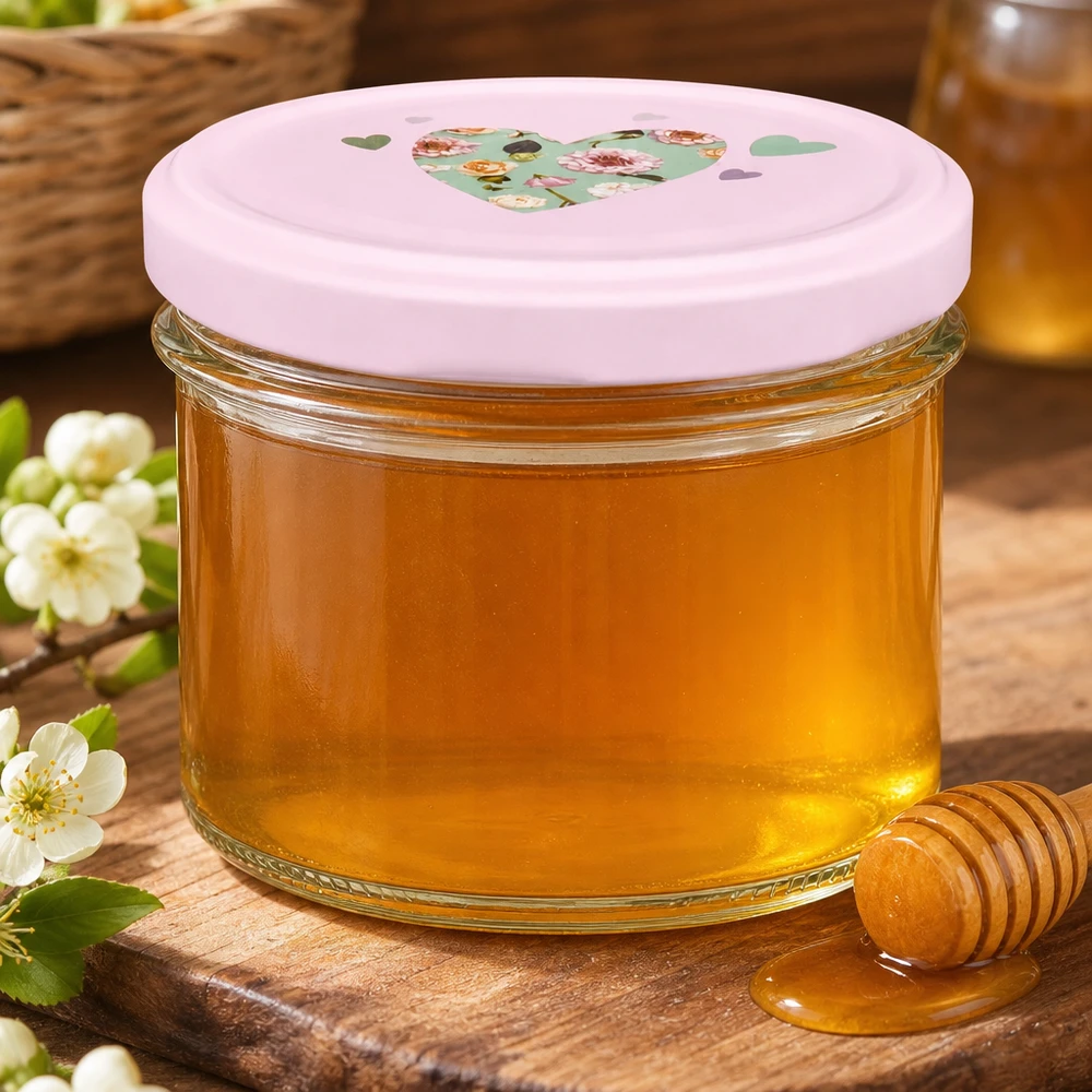 Mel dourado em copos de 225 ml com tampa de coração BasicSeal cor-de-rosa numa tábua de madeira com colher de mel e flores