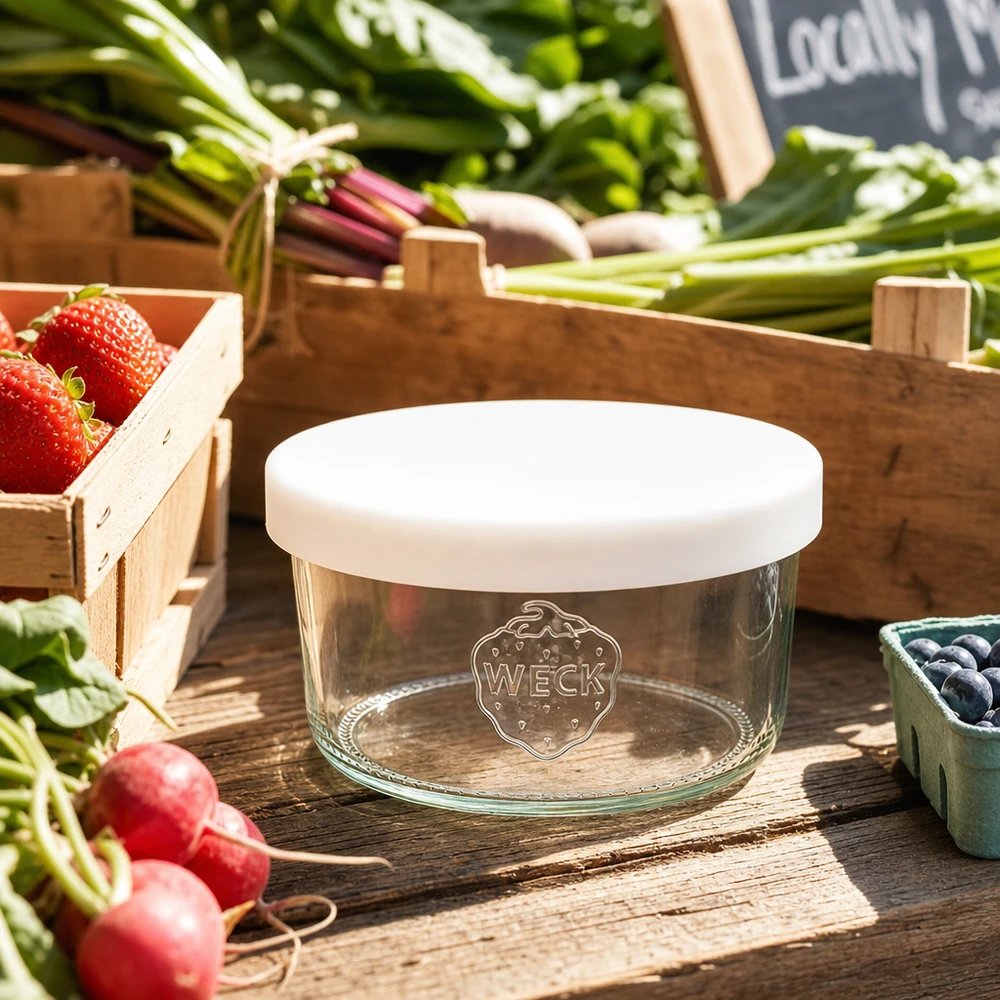 Copos transparentes WECK 165ml RR80 com tampa de silicone branca numa mesa de madeira entre legumes e frutas frescas do mercado