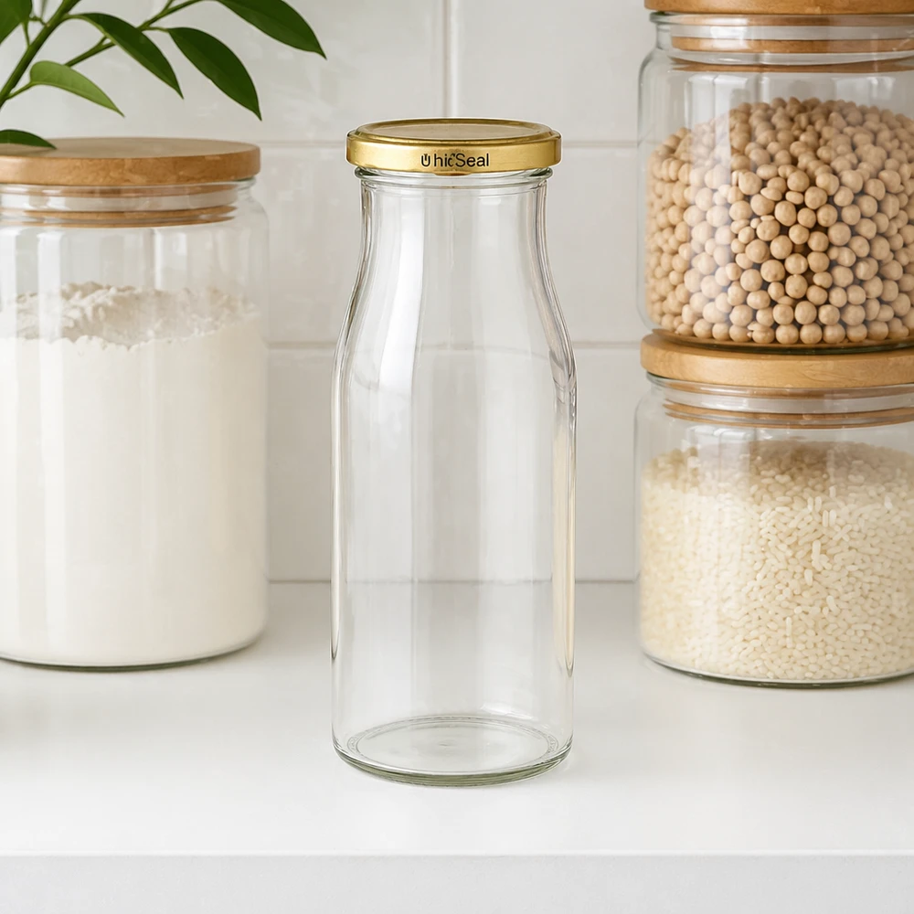 Frasco de 150ml com tampa dourada UNiTWIST BioSeal Garrafa de vidro UNiTWIST vazia de 150 ml com tampa dourada BioSeal na cozinha entre frascos de armazenamento com alimentos