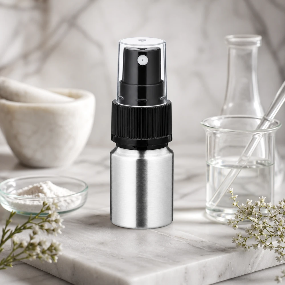 Frasco de alumínio polido de 10ml com atomizador Frasco de alumínio de 10 ml em prata mate com atomizador preto - superfície polida elegante para perfume