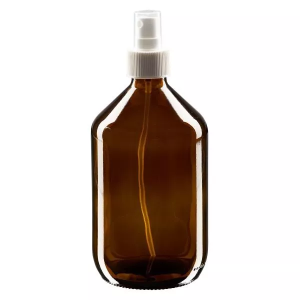 Frasco de medicamento de 500ml castanho, com bomba atomizadora branca ApoGlas Frasco de medicamento de 500ml castanho, com bomba atomizadora branca ApoGlas