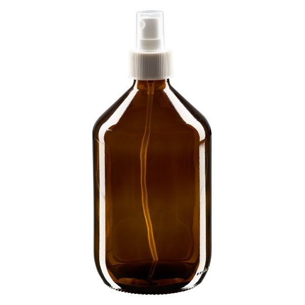 Frasco de medicamento de 500ml castanho, com bomba atomizadora branca ApoGlas