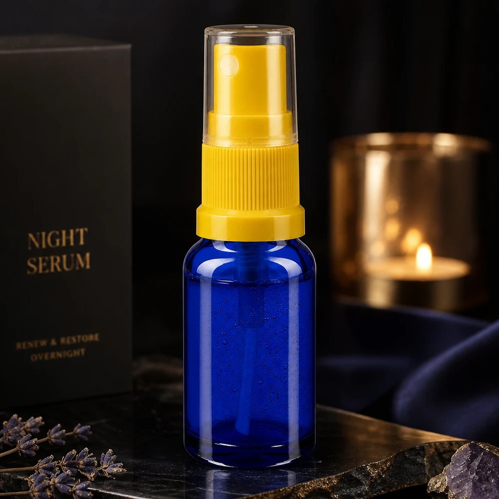 Frasco de farmácia azul 10ml spray top amarelo Frasco de spray azul de 10 ml em vidro de farmácia, com bico pulverizador amarelo e tampa transparente