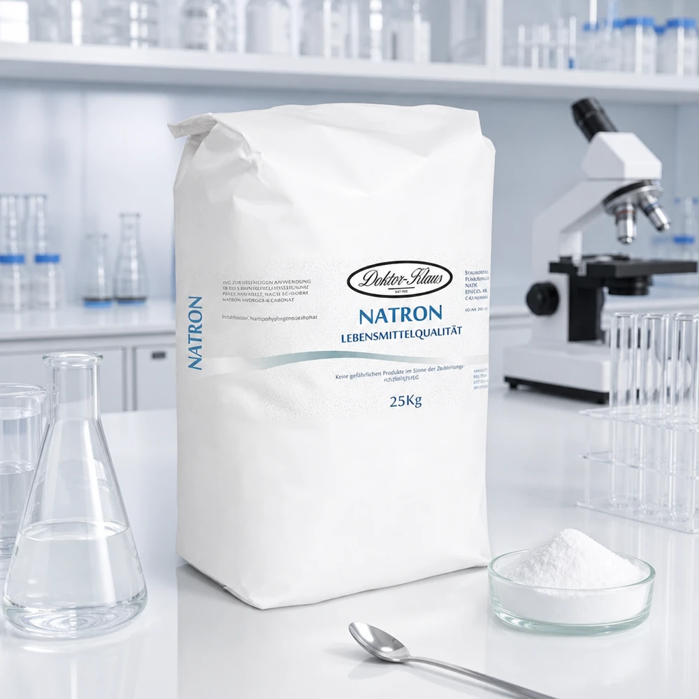 Saco de papel branco de 25 kg de bicarbonato de sódio em pó num ambiente de laboratório para aplicações químicas profissionais