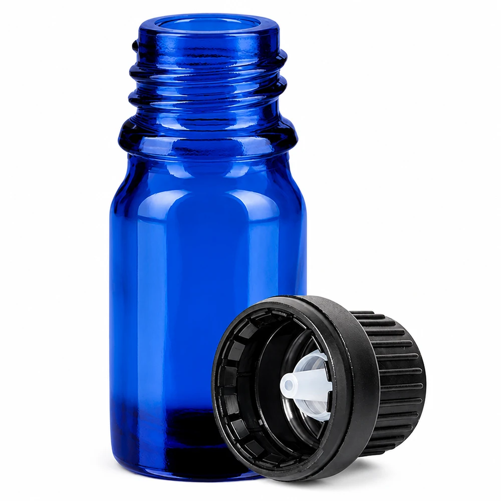 Frasco conta-gotas de 5 ml em vidro azul com abertura para conta-gotas de 2 mm OV BlueLine UT18 para uma dosagem precisa