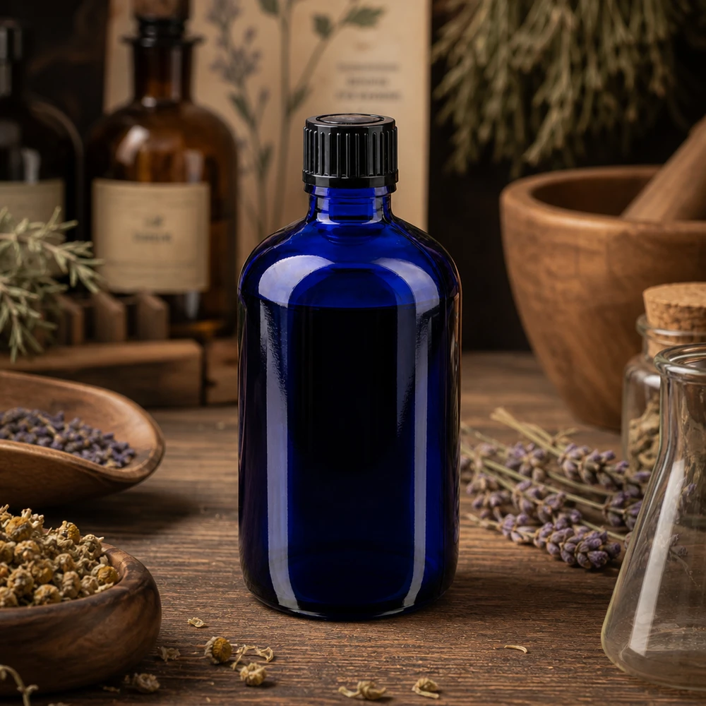 Frasco de vidro azul cobalto de 100 ml com um conta-gotas de 1 mm, entre ervas secas e um almofariz de madeira