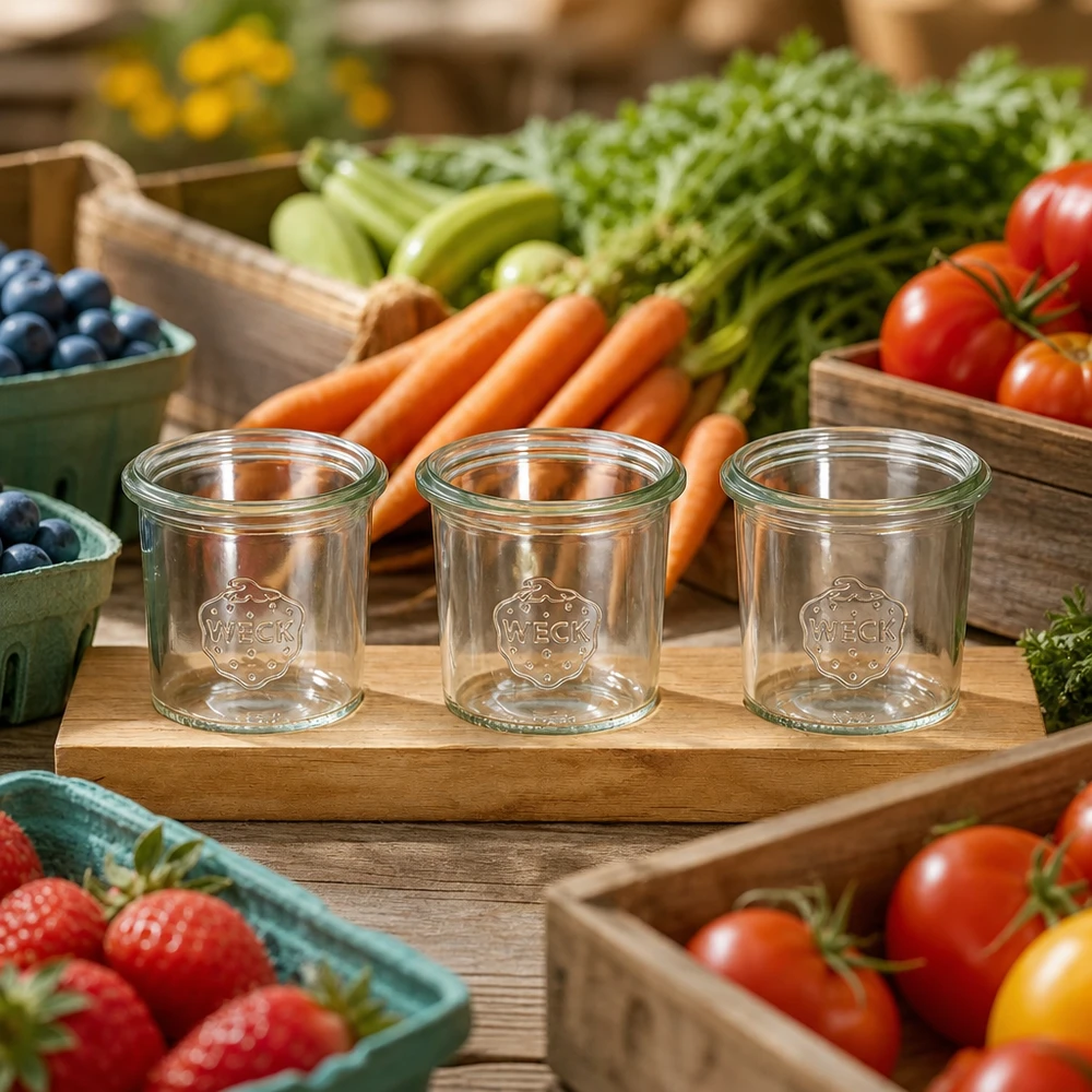 Tábua de servir Plano3 com 3 copos Weck de 140 ml Copos WECK de 140 ml na tábua de servir Plano3 decorados com legumes frescos do mercado, tomates, cenouras e bagas