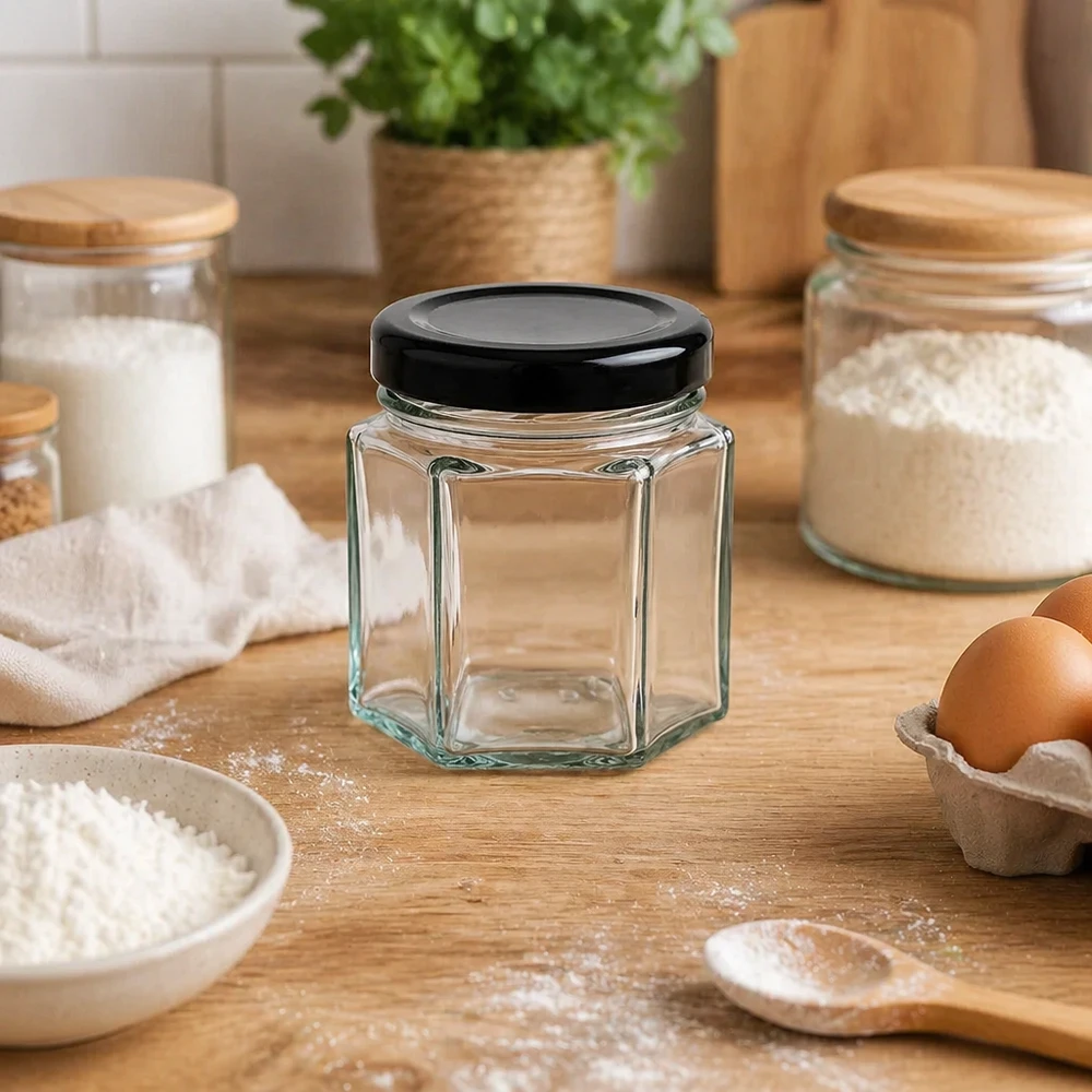 Frasco hexa de 47 ml com tampa preta na cozinha de pastelaria, entre farinha, ovos e frascos de arrumação sobre uma bancada de madeira