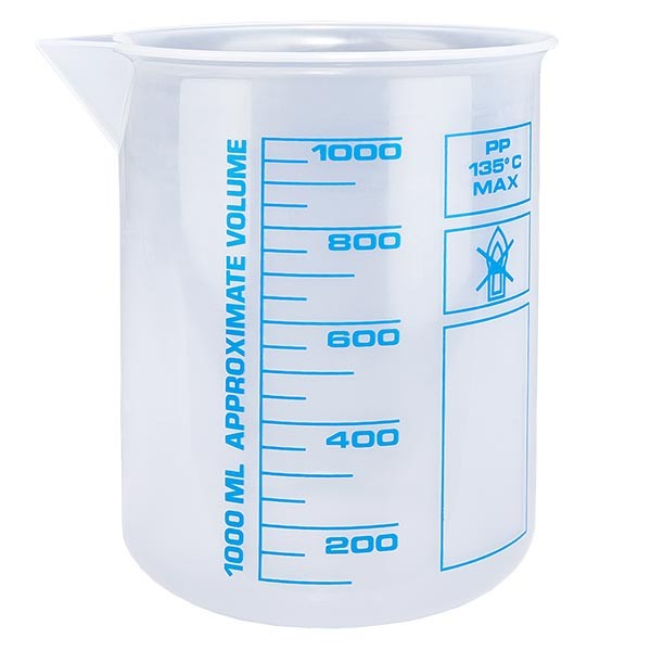 Copo de medição de 1000 ml (copo Griffin) PP, anti-estático, com elevada transparência de acordo com a norma DIN 12.311, com rebordo frisado sem graus, escala azul impressa Copo de medição de 1000 ml (copo Griffin) PP, anti-estático, com elevada transparência de acordo com a norma DIN 12.311, com rebordo frisado sem graus, escala azul impressa