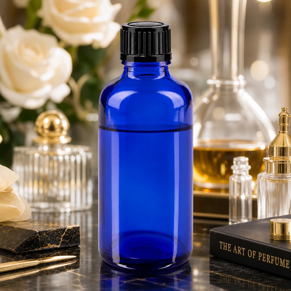 Frasco de vidro azul de 50 ml com tampa preta padrão sobre uma mesa de mármore num cenário de perfumes