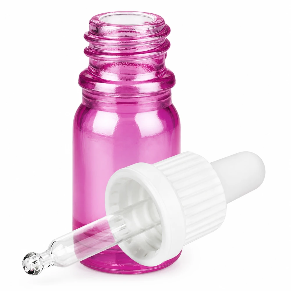 Frasco de vidro roxo de 5 ml com pipeta branca OV PurpleLine UT18/5 para cosméticos e aromaterapia