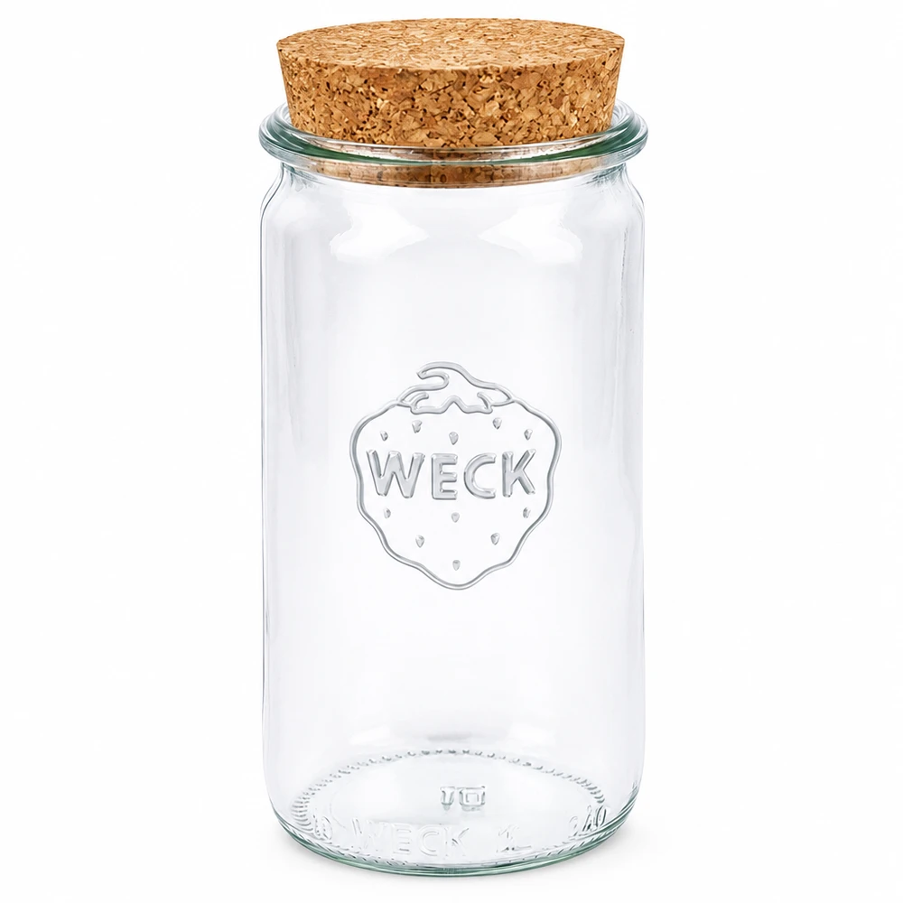 Frasco cilíndrico de 340ml WECK RR60 com cortiça natural Frasco para conservas WECK 340ml com rolha de cortiça natural Frasco cilíndrico RR60 frasco transparente para conservas