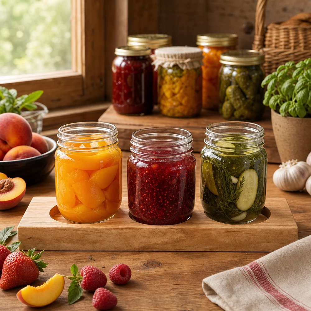Tábua de servir Plano3 para 3 copos WECK Tábua de servir em bambu Plano3 com três frascos WECK cheios - compota, pickles e pêssegos numa cozinha rústica