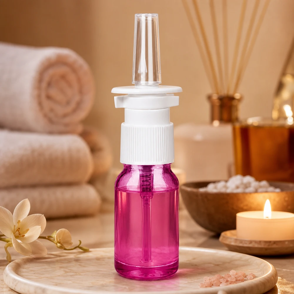 Frasco de medicamento de 10 ml com bomba de pulverização nasal em vidro roxo claro para bem-estar e aromaterapia