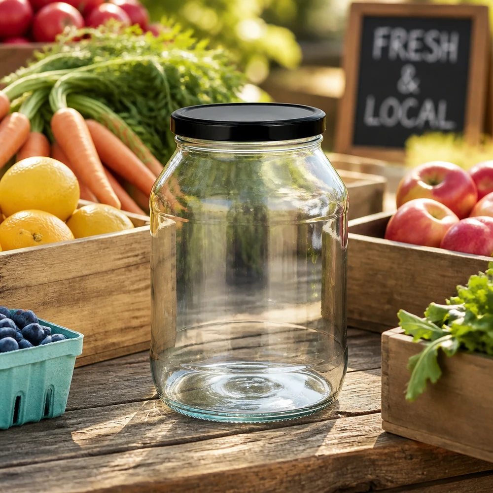 2650ml Rundglas mit BasicSeal Deckel schwarz UNiTWIST Leeres 2650ml Rundglas mit schwarzem Deckel zwischen frischem Obst und Gemüse auf Holztisch im Farmers Market Stil