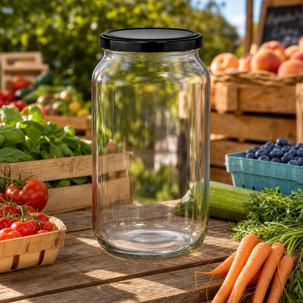 Frasco redondo de 1062 ml em frente a uma banca de mercado com legumes frescos - prático frasco de conserva para produtos da horta e comida caseira
