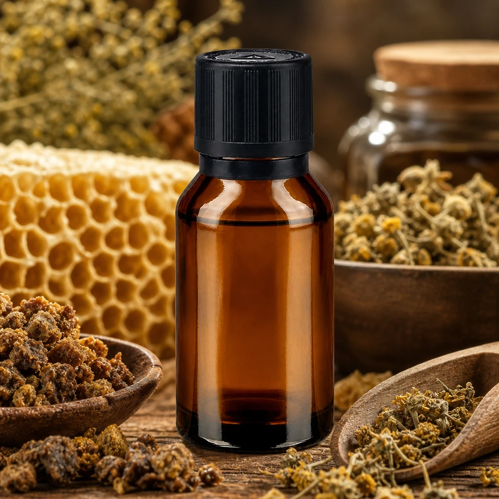 Frasco de farmácia castanho 15ml com tampa de conta-gotas Anel de verter 1mm preto Fecho de segurança para crianças Símbolo de aviso cego Fecho inviolável Frasco de vidro castanho de 15 ml com tampa conta-gotas, rodeado por favos de mel e ervas secas