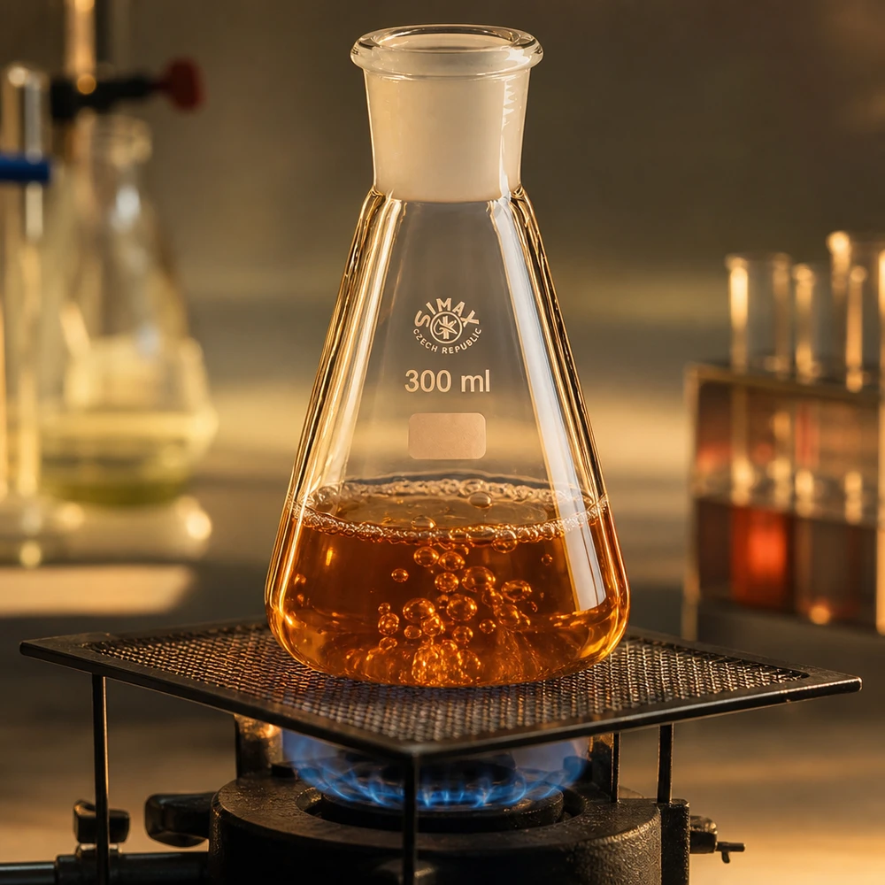 Erlenmeyer 300ml com junta rectificada standard (29/32) Erlenmeyer de 300 ml com junta esmerilada normalizada 29/32 aquecido em queimador de gás com líquido laranja