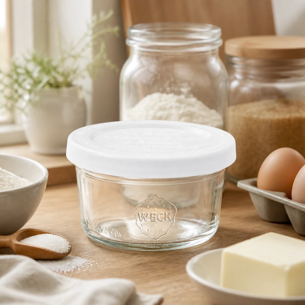 Copos WECK RR60 de 50 ml com tampa fresca numa cozinha rústica entre ingredientes de pastelaria, farinha, ovos e utensílios de madeira