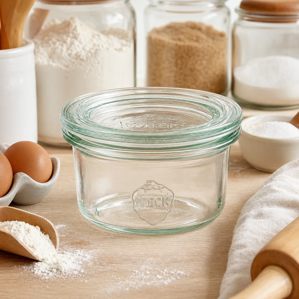 Copos de vidro de 50ml com tampa WECK RR60 Copos WECK 50ml RR60 em ambiente de cozinha com farinha, ovos e ingredientes de pastelaria para uma arrumação versátil