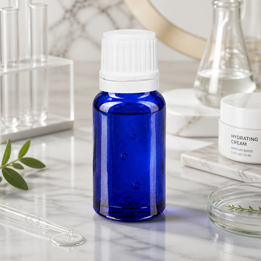 Frasco fotoprotetor de 10 ml, azul, com tampa de rosca branca, sobre mármore, ao lado de material de vidro de laboratório