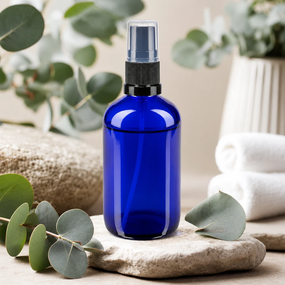 Frasco de farmácia azul 100ml spray top preto Frasco de vidro azul cobalto de 100 ml com pulverizador preto, apoiado sobre pedra natural com ramos de eucalipto