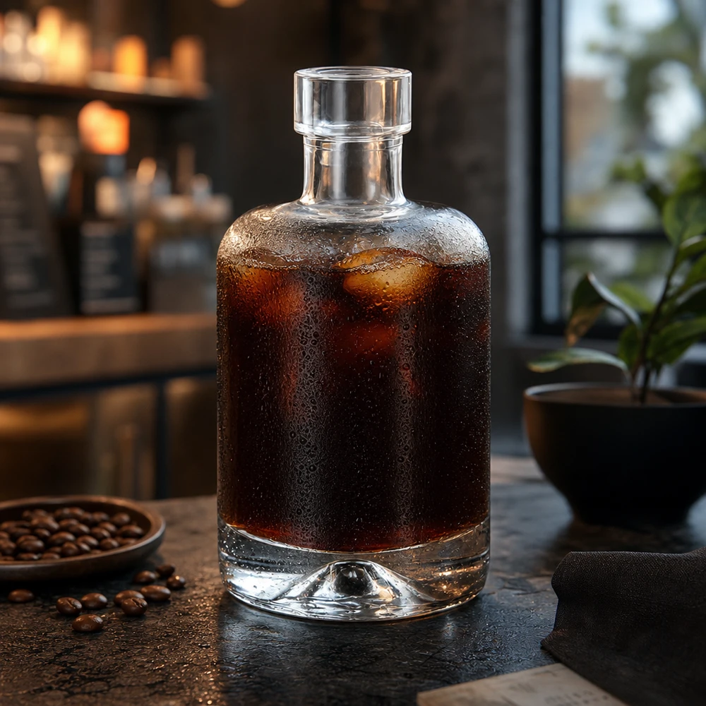 Garrafa de vidro de 50 ml Amelie cheia de café frio junto a grãos de café mostra a utilização para bebidas e bebidas espirituosas