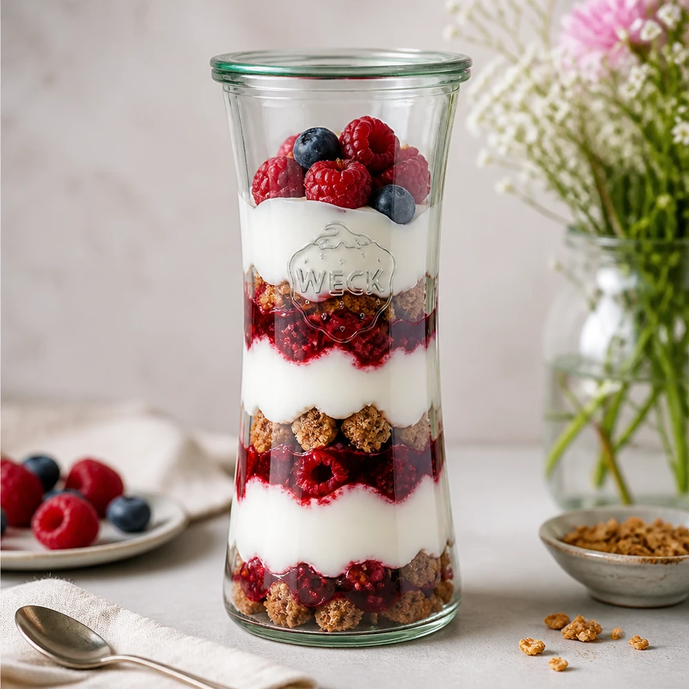 Frasco para charcutaria de 700ml com tampa de vidro WECK RR80 WECK 700ml Delikatessenglas RR80 mit geschichtetem Joghurt-Beeren-Parfait - stylisches Einmachglas für Desserts