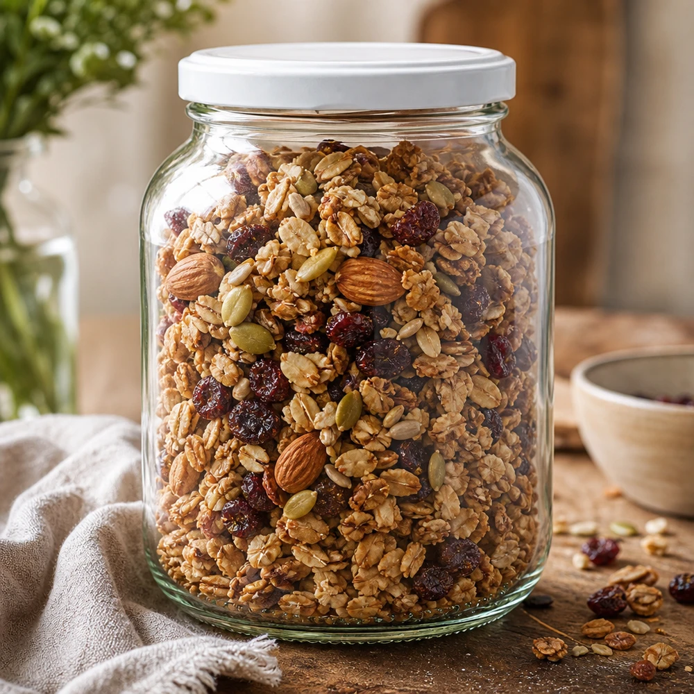 Frasco oval UNiTWIST de 370 ml com tampa branca, cheio de muesli, frutos secos, granola, frasco de arrumação para cozinha