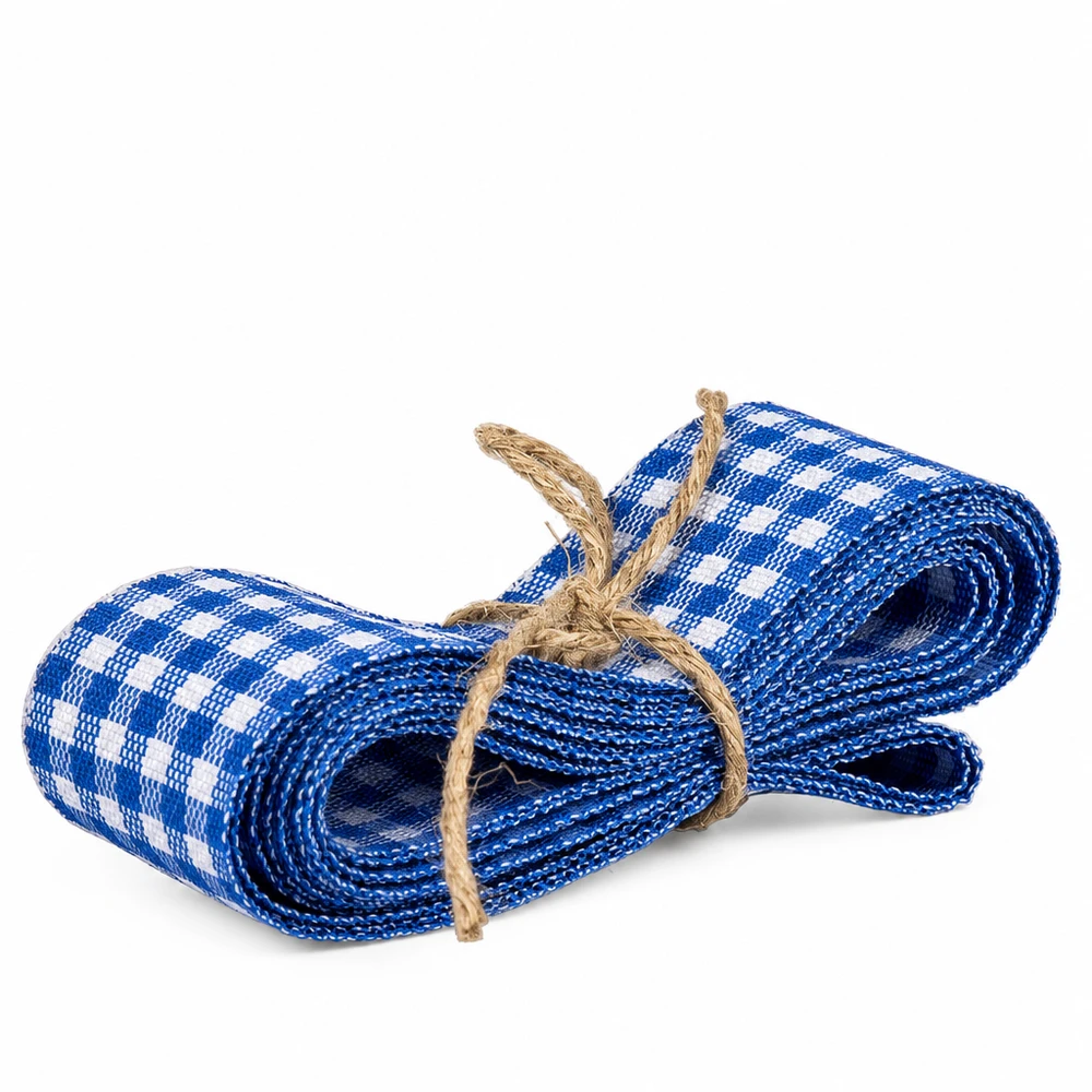Fita de tecido azul/branca para decoração, 300 cm Fita de tecido axadrezado azul e branco com 300 cm de comprimento enrolada com cordão de juta para decoração e artesanato